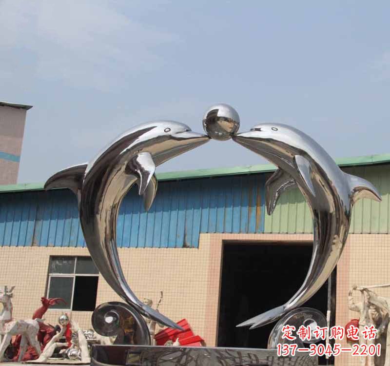 杭州海豚之恋——不锈钢公园镜面海豚顶球雕塑