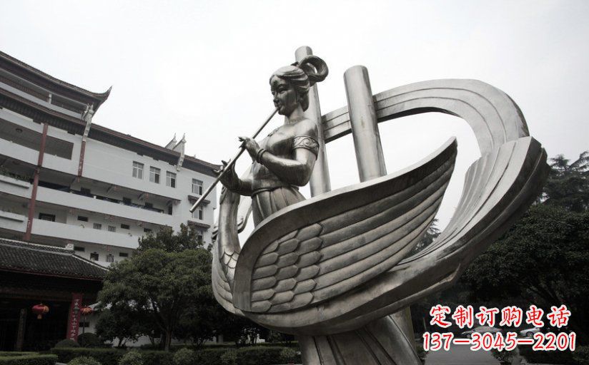 杭州古典美女不锈钢吹笛子雕塑