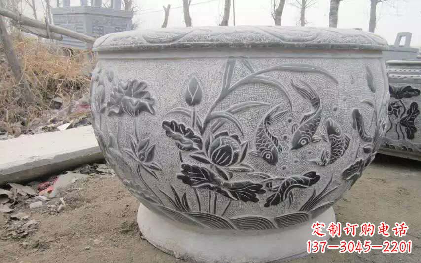 杭州仿古雕刻鲤鱼石浮雕水缸