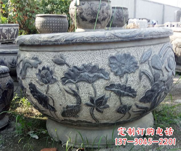 杭州中领雕塑仿古荷花石浮雕水缸