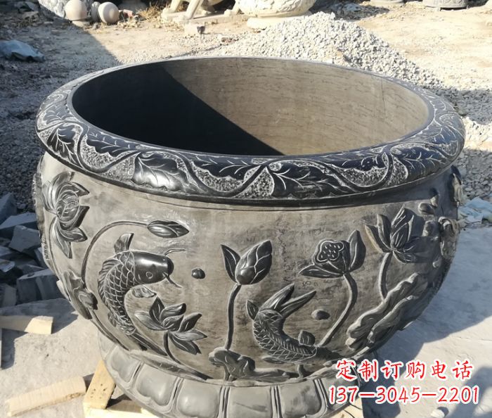 杭州青石仿古雕塑荷花水缸