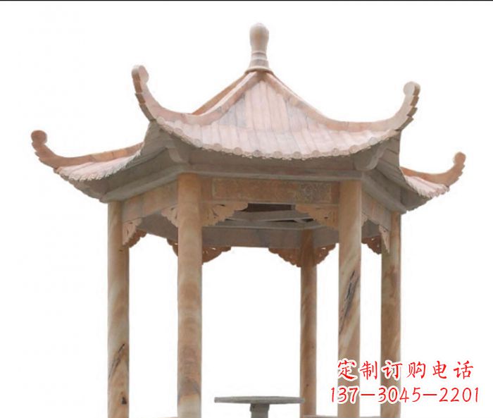 杭州美丽而优雅的公园晚霞红六角石凉亭雕塑