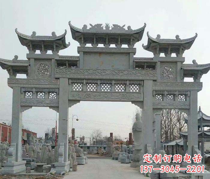 杭州三门牌坊石雕,精美汉风石雕装饰景区
