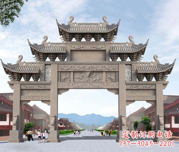 杭州景区三门石雕牌楼——精美雕塑定制