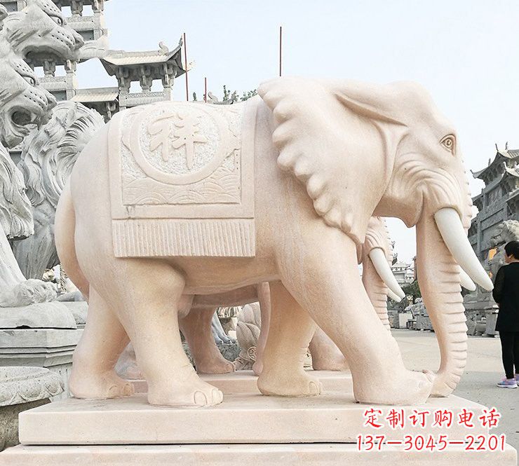 杭州晚霞红吉祥如意大象石雕