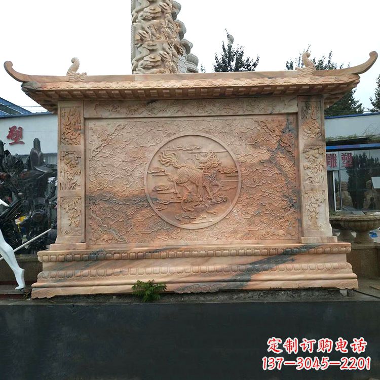 杭州晚霞红麒麟影壁墙石雕