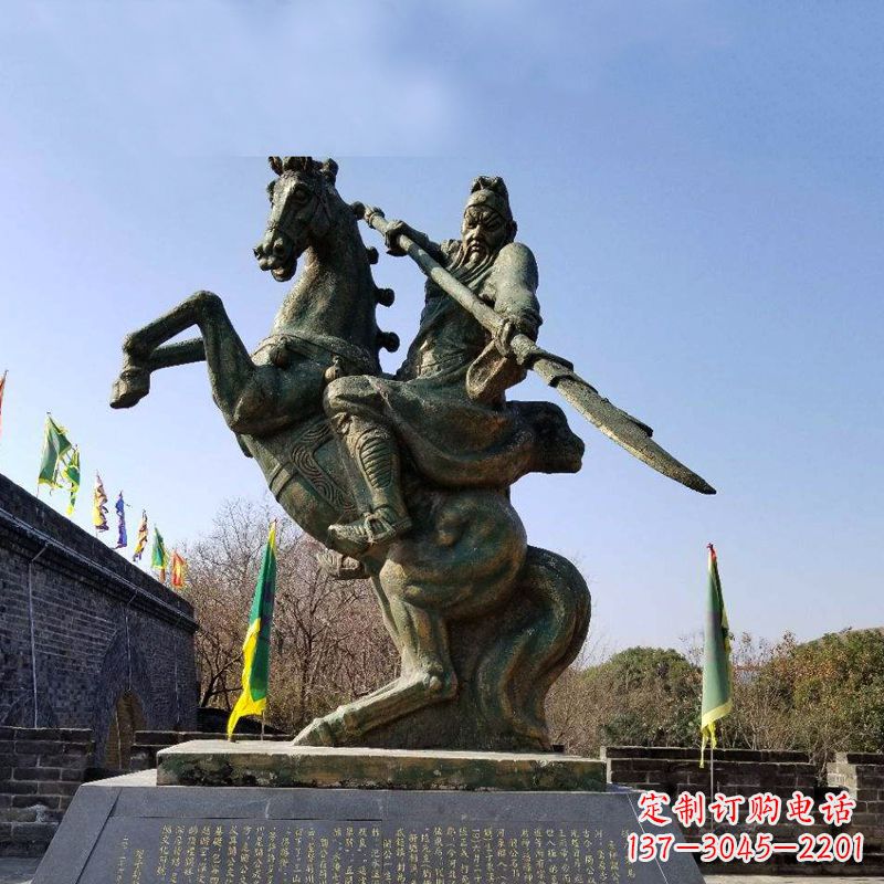 杭州五虎上将关羽骑马舞大刀铜雕景观