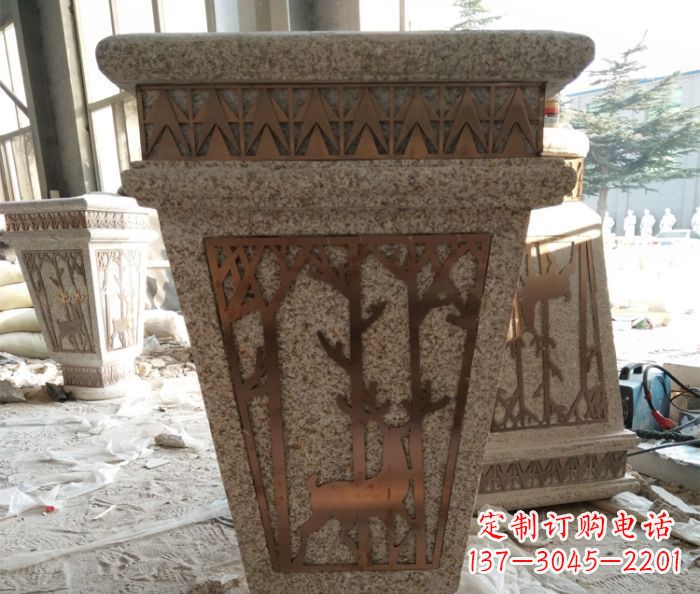 杭州小区大理石梅花鹿石浮雕花盆