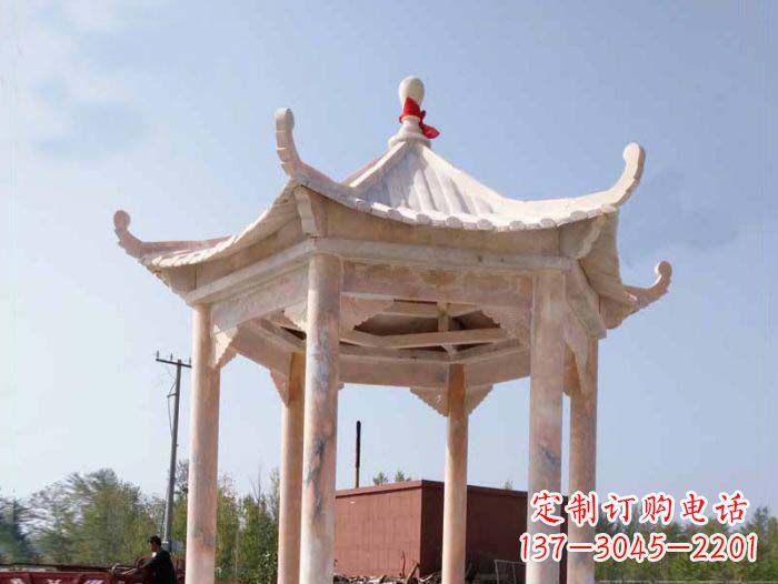 杭州园林景观晚霞红六角石雕凉亭
