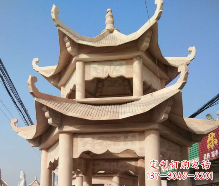 杭州园林景观晚霞红双层石雕凉亭 (2)