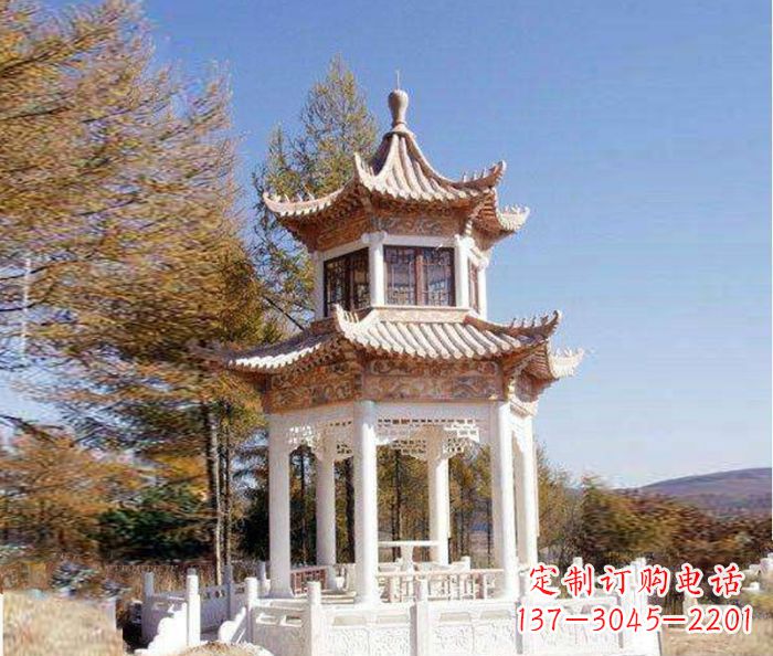 杭州园林景观晚霞红双层石雕凉亭 (3)