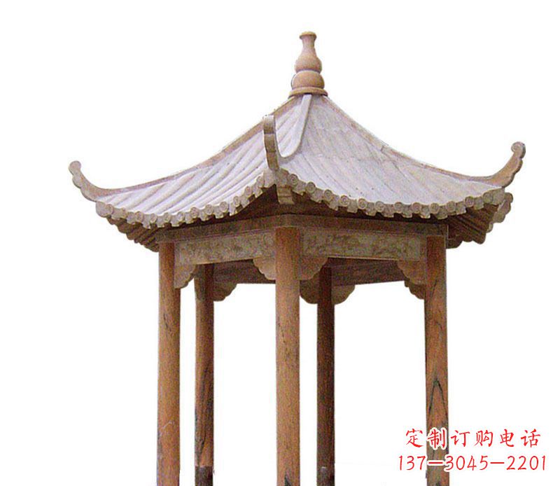 杭州园林晚霞红六角石凉亭景观石雕 (2)