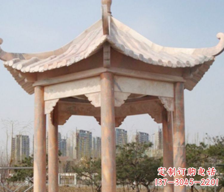 杭州园林晚霞红六角石凉亭景观石雕